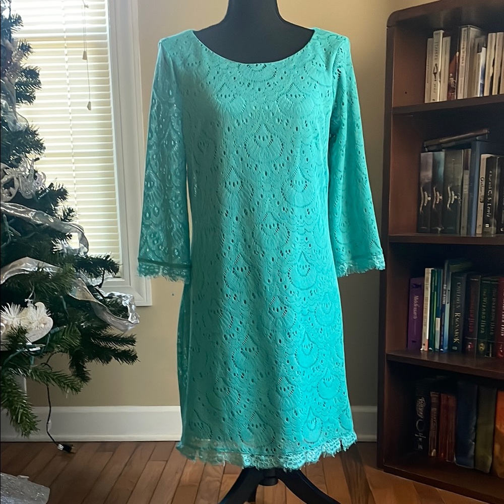 London Times Blue Midi Sheath Dress with 3/4 Bell Sleeves for Wedding Guest